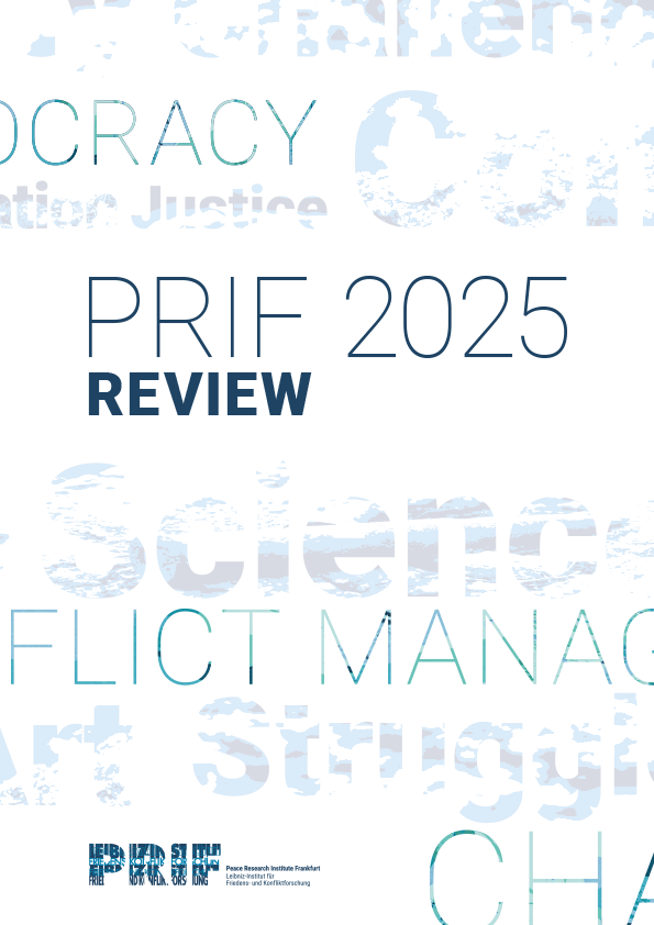 Cover of the PRIF Review 2025, with the title in blue on a white background; the PRIF logo is visible at the bottom, and keywords such as “Democracy” appear in various shades of pale blue in the background.