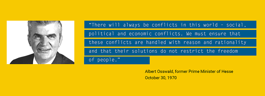 black-and-white image of man with quote: "There will always be conflicts in this wolrd – social, political and economic conflicts. We must ensure that these conflicts are handled with reason and rationality and that their solutions do not restrict the freedom of people." Albert Osswald, former Prime Minister of Hesse. October 30, 1970