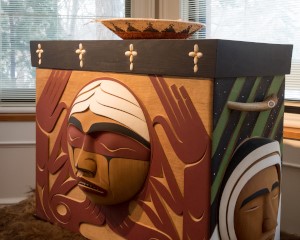 The Bentwood Box, a tribute to all residential school survivors, was produced by Luke Marston,  commissioned by the TRCC in 2009 and is now located in the National Centre for Truth and Reconciliation in Winnipeg, Manitoba. © National Centre for Truth and Reconciliation Archives, Photograph: DSC_9038
