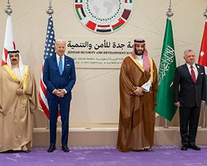 President Joe Biden stands with leaders of the GCC countries, Egypt, Iraq, and Jordan