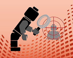 Image shows a Lego man with a magnifying glass and a Lego man in crosshairs against a red background