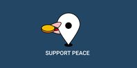 Dove with coin in the mouth and text: support peace