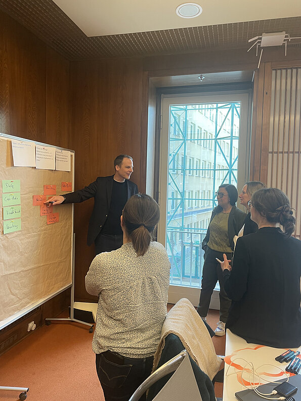 Stefan Kroll is standing in front of a board covered with colorful notes and speaking. Four people are standing in front of him.