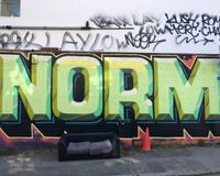 Grünes "Norm"-Graffiti an Häuserwand.