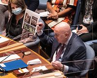 Der russische Botschafter sitzt im VN-Sicherheitsrat und hält ein gedrucktes Blatt mit Bildern in die Luft.