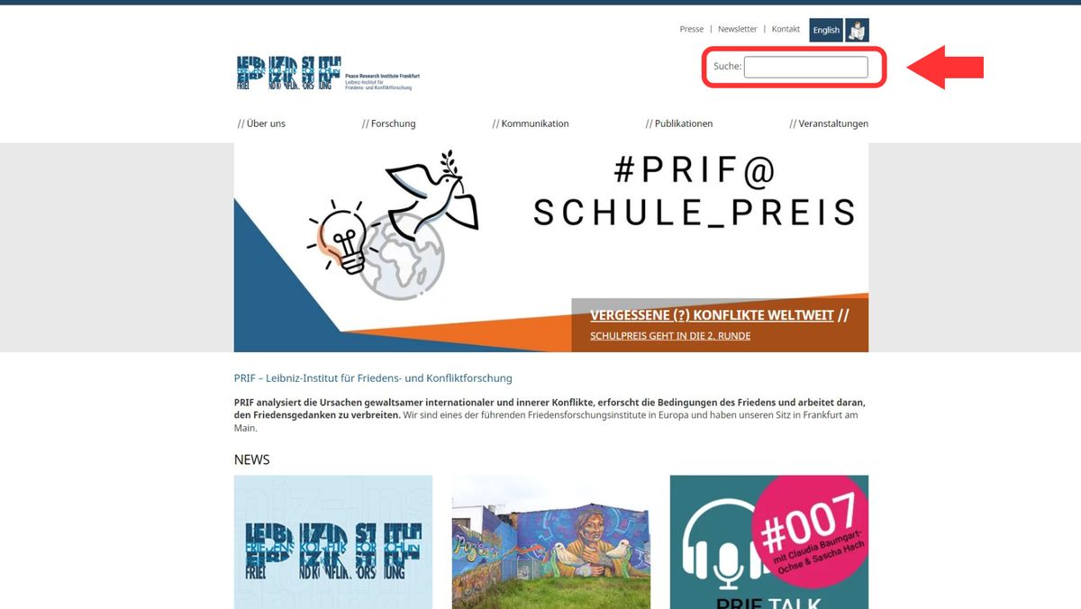 Screenshot der PRIF-Startseite, das Suchfeld ist rot umrandet