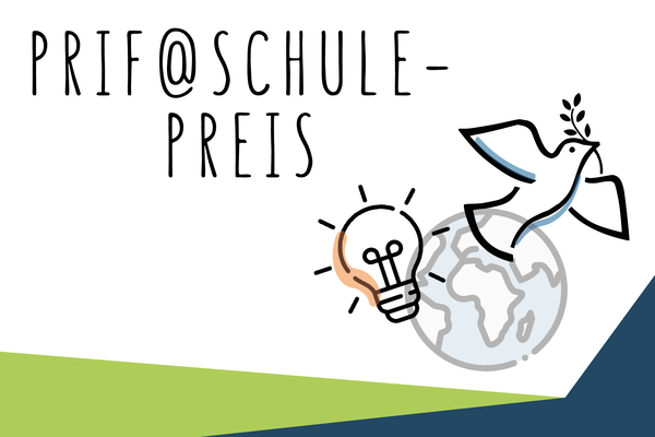Logo des PRIF@Schule-Preises: Illustrationen einer Glühlampe und einer Friedenstaube vor einer Weltkugel 