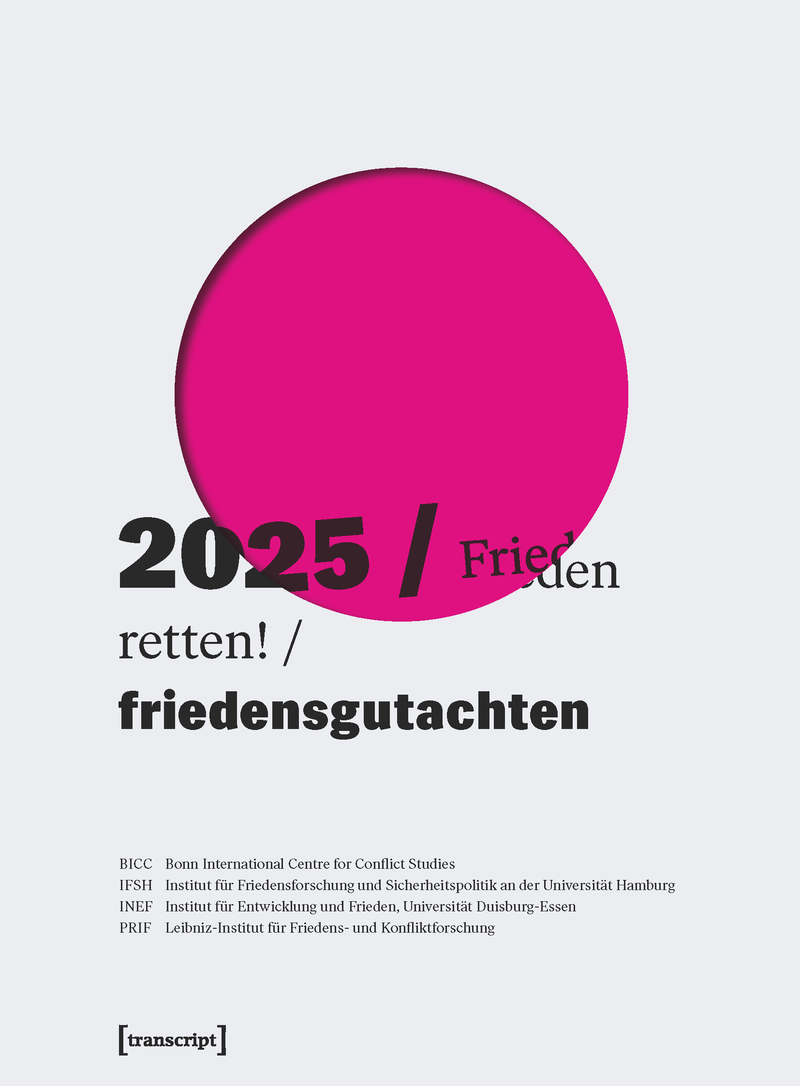Cover des Friedensgutachtens 2025 im Standradlayout mit großem magentafarbenen Punkt