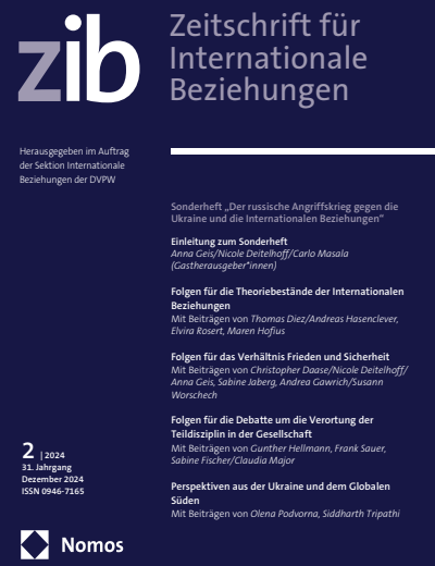 Cover der Zeitschrift für Internationale Beziehungen mit dem Logo und Titel des Sonderhefts "Der russische Angriffskrieg gegen die Ukraine und die Internationalen Beziehungen", Nummer 2/2024. 31. Jahrgang, Dezember 2024. Logo Nomos-Verlag.
